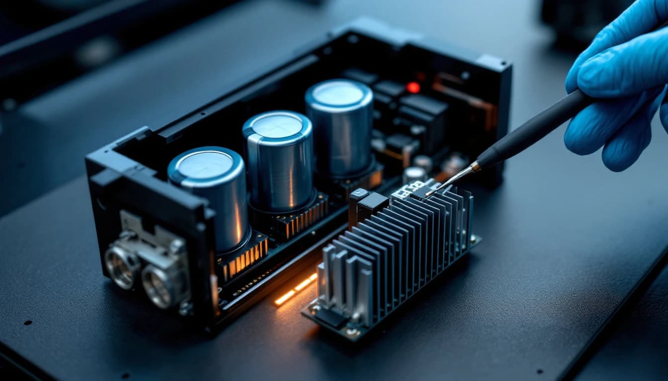 Opened variable frequency drive on a bench mat showing its DC bus capacitor bank and finned power-module heatsink, a gloved hand resting a probe against the fins