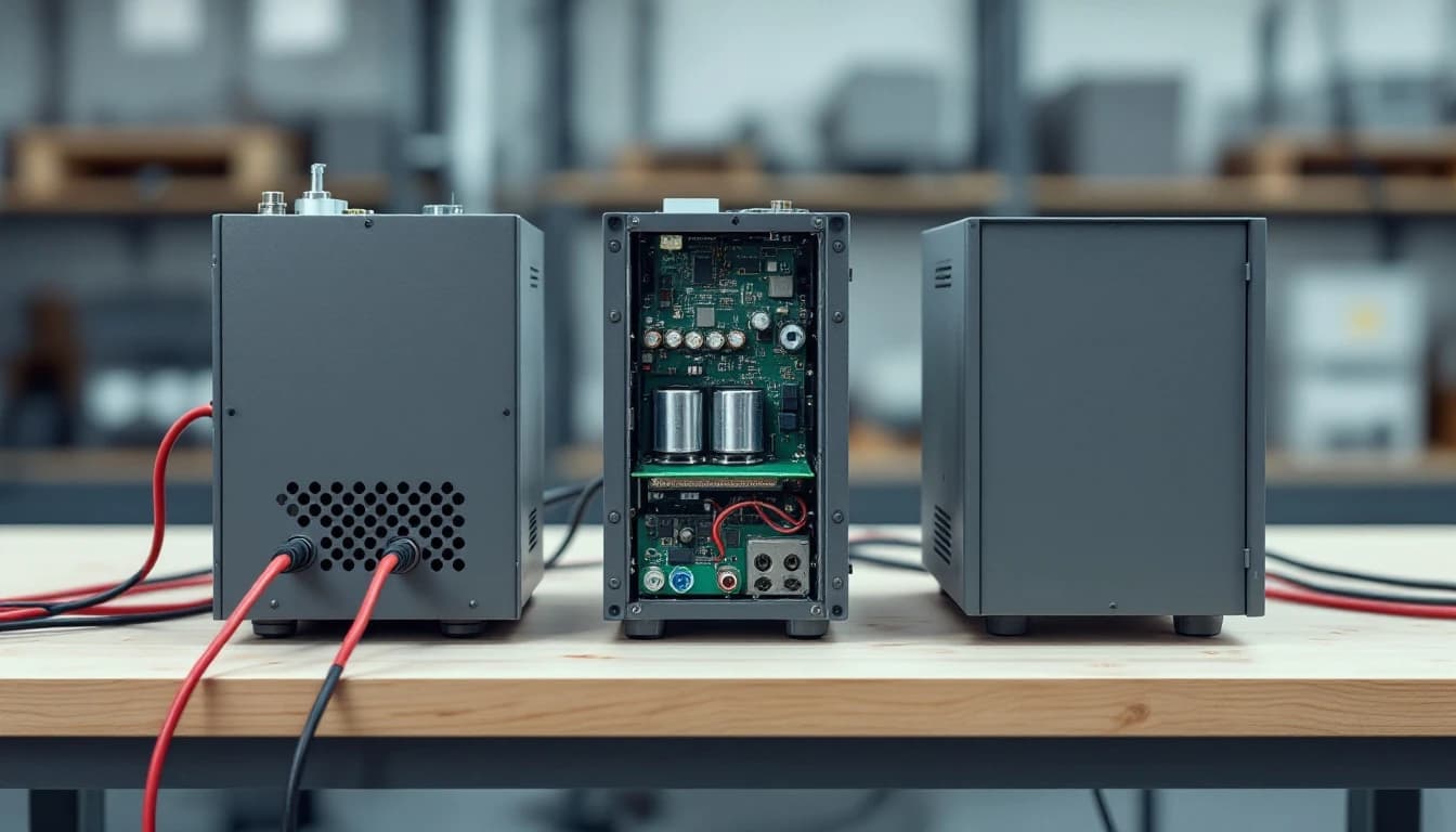 Three rack power supply modules lined up on a workbench with test leads attached, the middle one opened to show its filter capacitors and control board