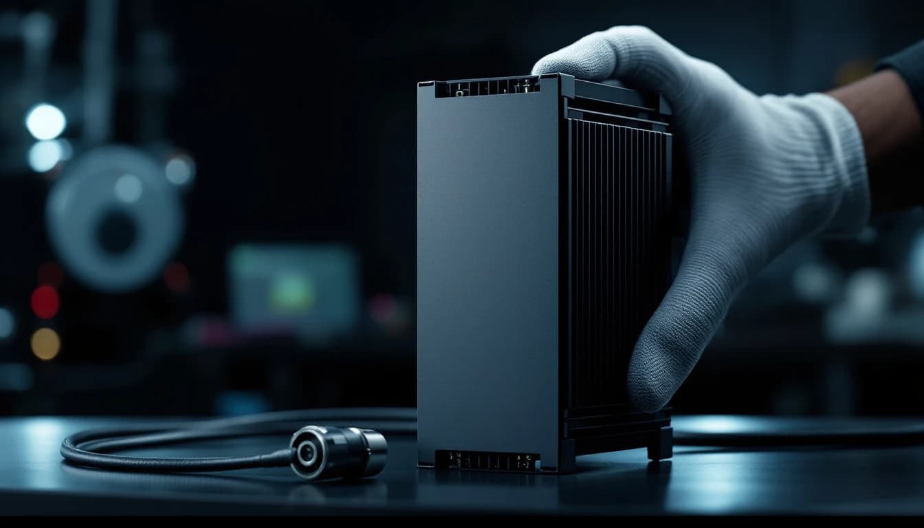 Slim vertical servo drive module standing on a bench beside a coiled feedback cable, a technician gloved hand steadying it under focused light