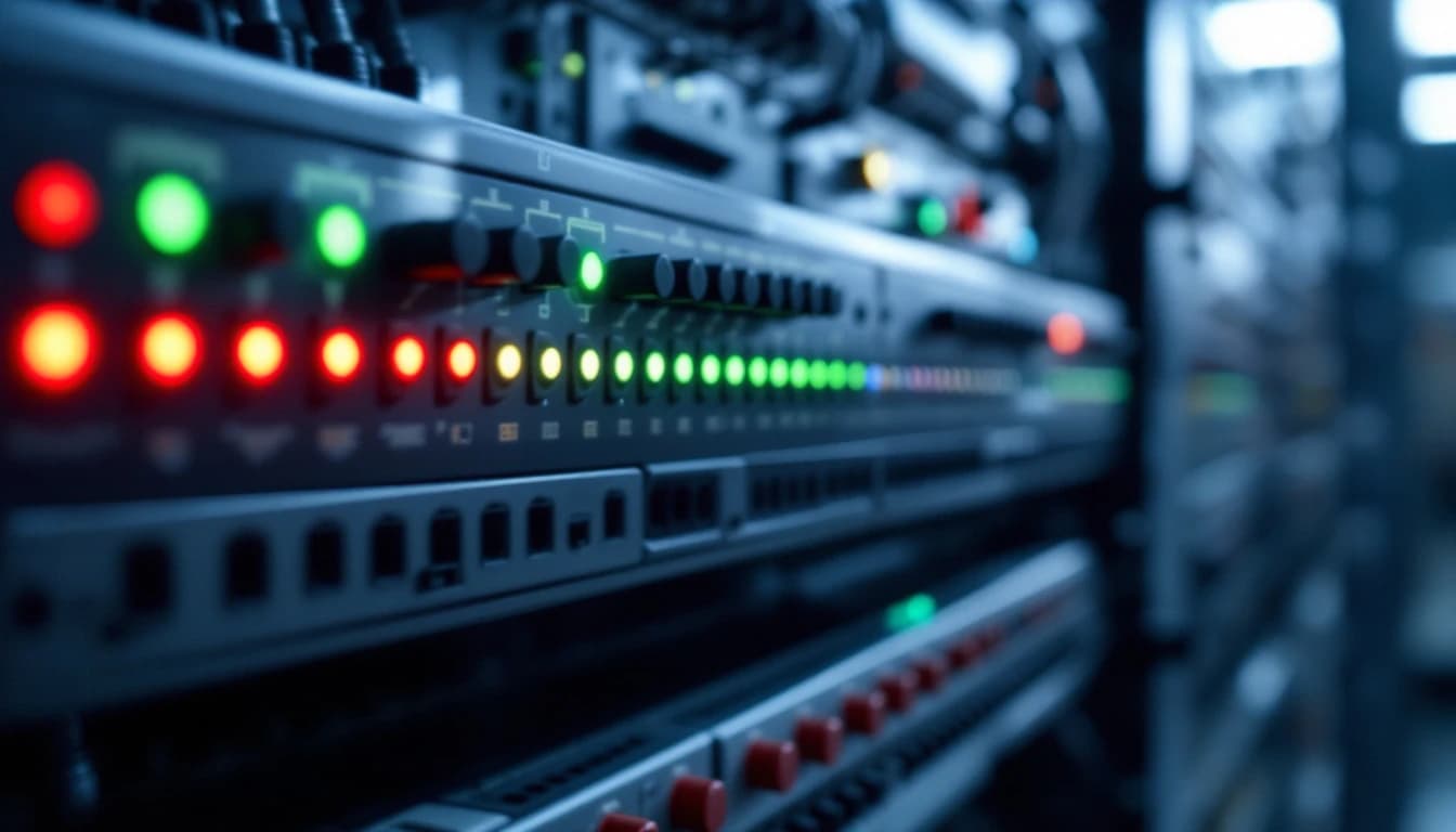 Close macro of a populated industrial controller rack in a cabinet with rows of small status indicators glowing, one module pulled slightly forward from the backplane
