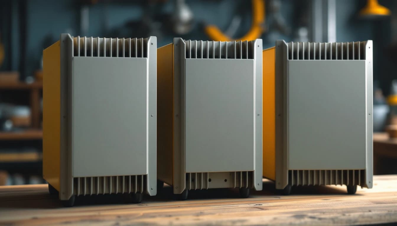 Three yellow-tinged CNC amplifier modules of different widths standing side by side on a workshop bench, viewed from the front at a slight angle