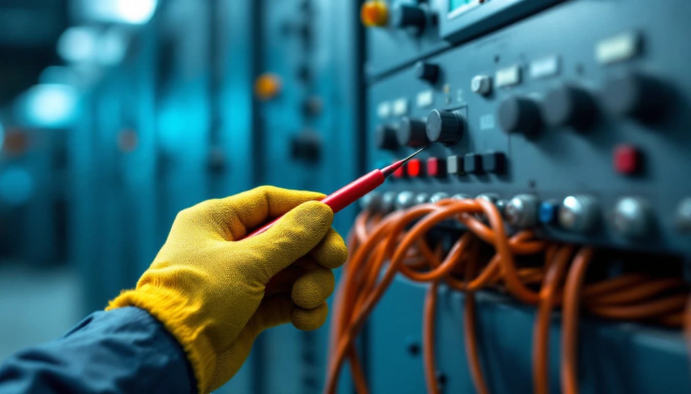 Open CNC machine control cabinet with a column of servo amplifier modules, a technician gloved hand steadying a meter probe against a terminal while the axis motor cable runs out of frame