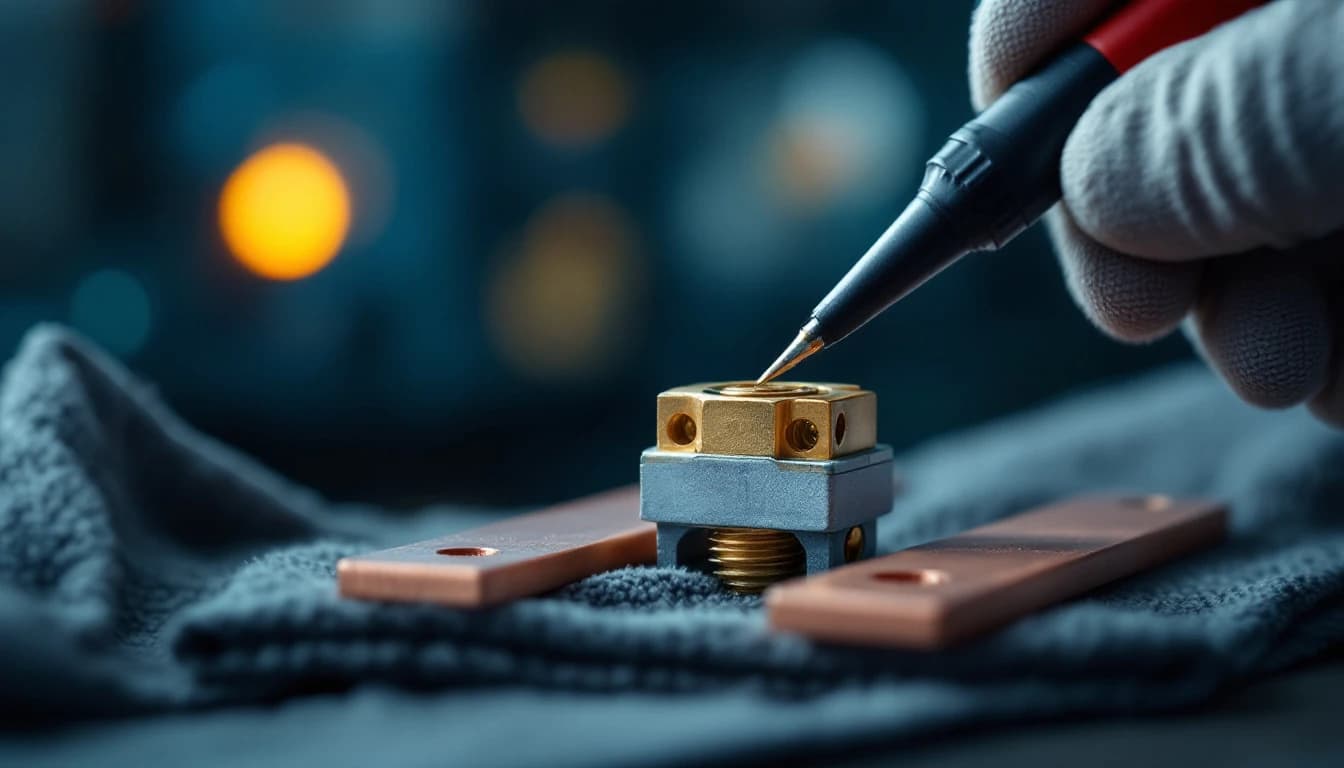 Gloved hand holding a meter probe on a heavy brass power terminal with two unbolted copper DC link bus bars lying on a shop rag beside it