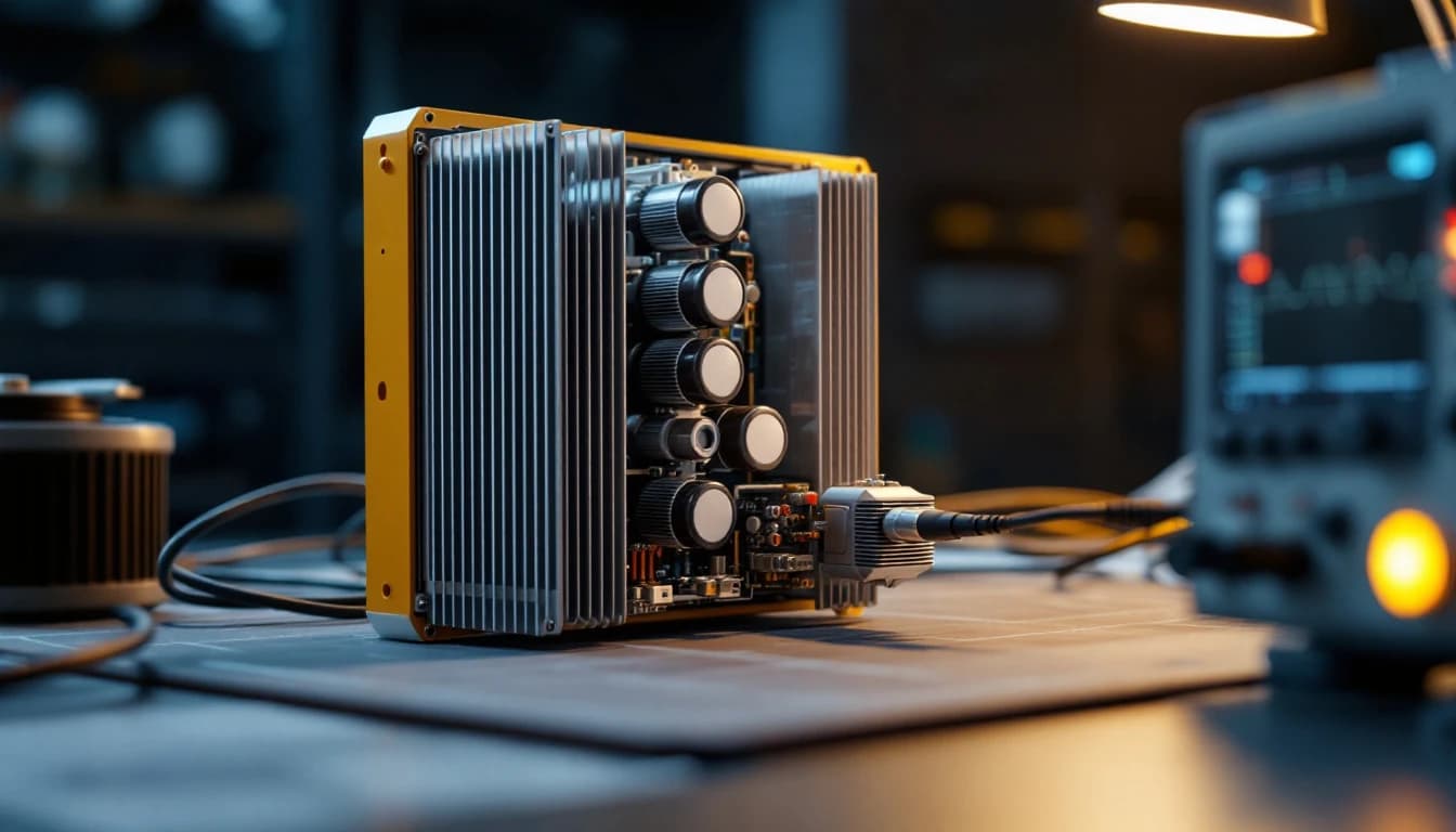 Heavy yellow drive amplifier module opened on an antistatic bench mat with its finned heat sink and bus capacitors exposed and a test probe connected, an oscilloscope blurred in the foreground