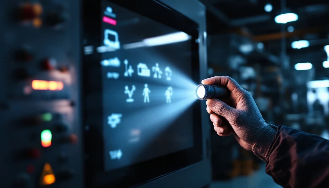 Gloved hand angling a flashlight across the dark glass of an industrial HMI panel to reveal faint menu shapes behind a failed backlight