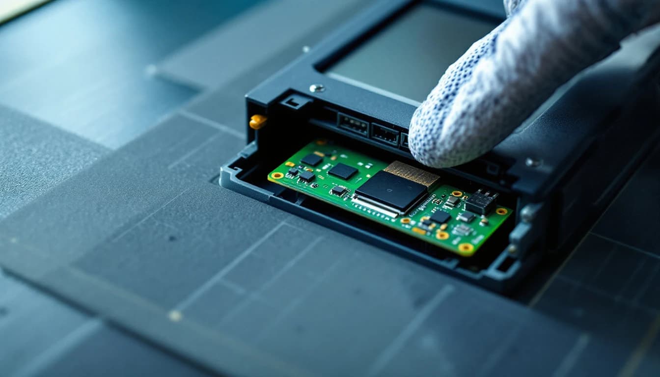 Industrial operator panel face down on an antistatic mat with its rear cover removed, exposing the memory card and coin cell battery