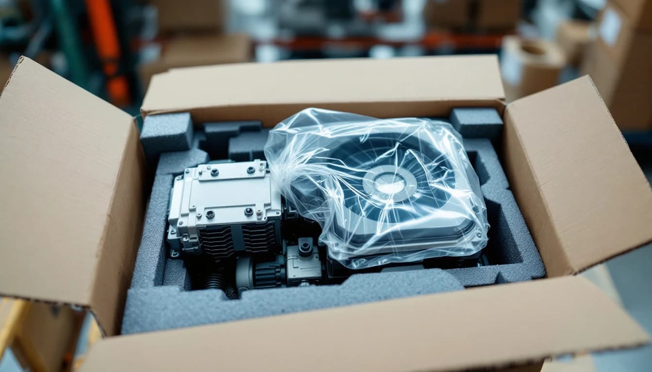 Industrial drive sealed in an antistatic bag and nested in moulded foam inside a double walled shipping carton at a packing station