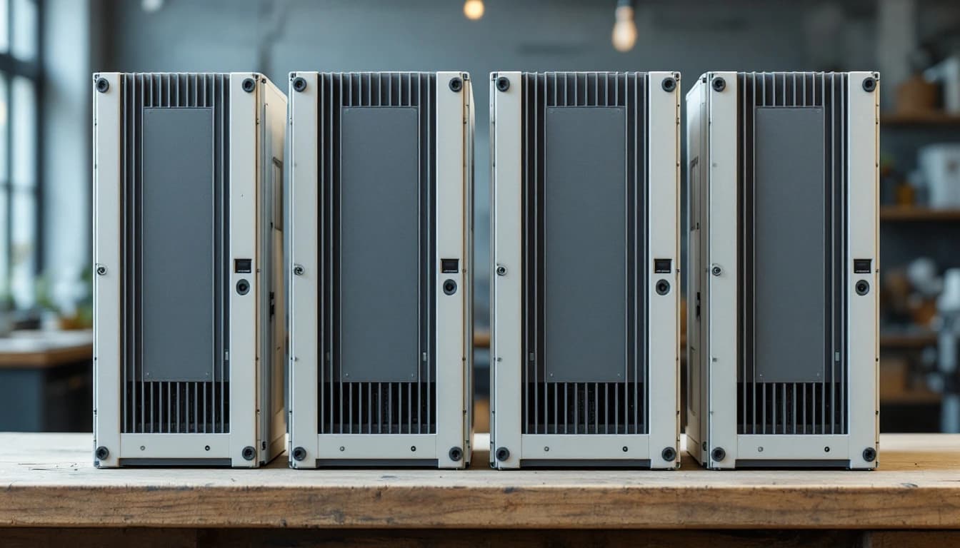 Four tall narrow drive modules of differing widths standing in a row on a workshop bench, finned heatsinks and blank front panels visible