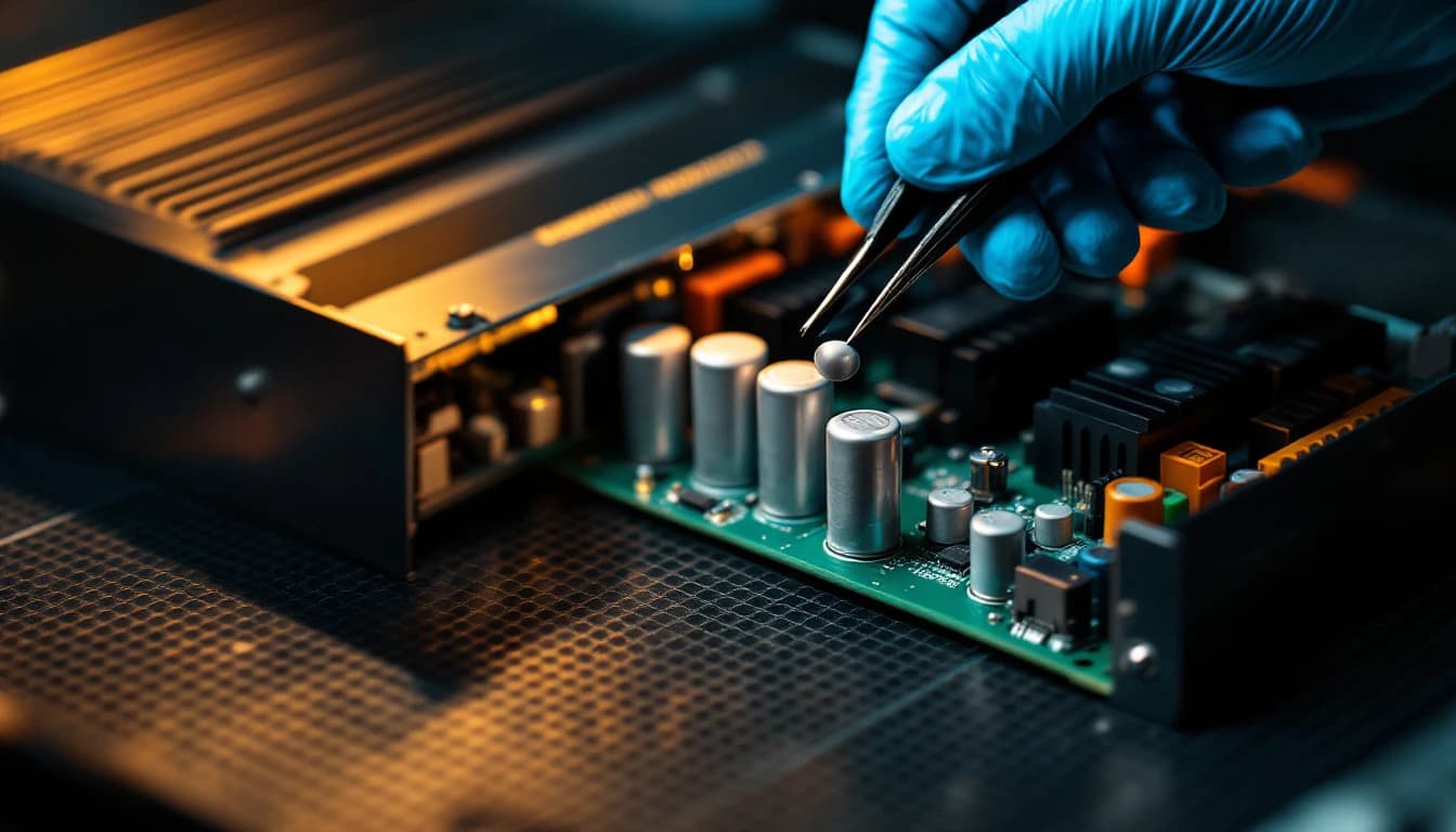 Open industrial power supply module on an antistatic mat, its cover lifted away, a gloved hand lifting a component clear of the capacitor bank with fine tweezers