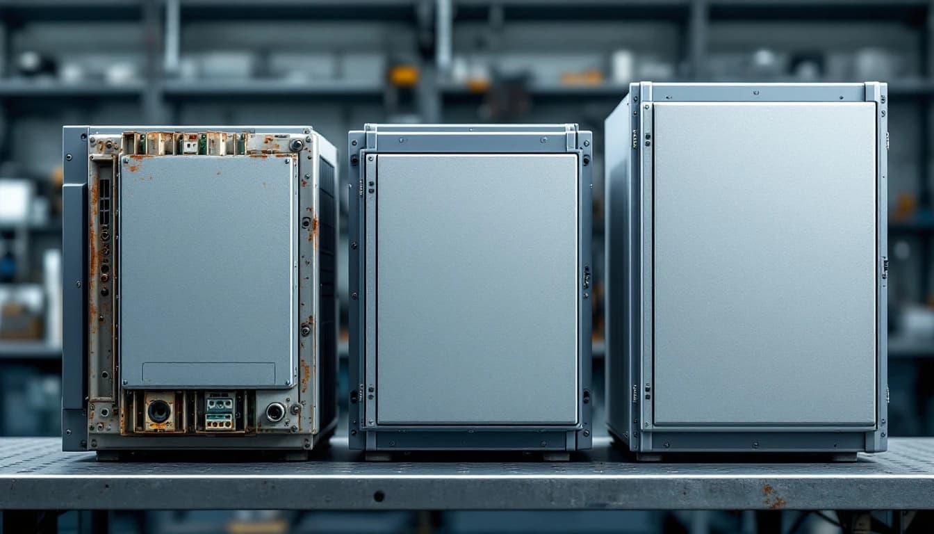 Three generations of industrial servo amplifier lined up oldest to newest on a workbench for comparison