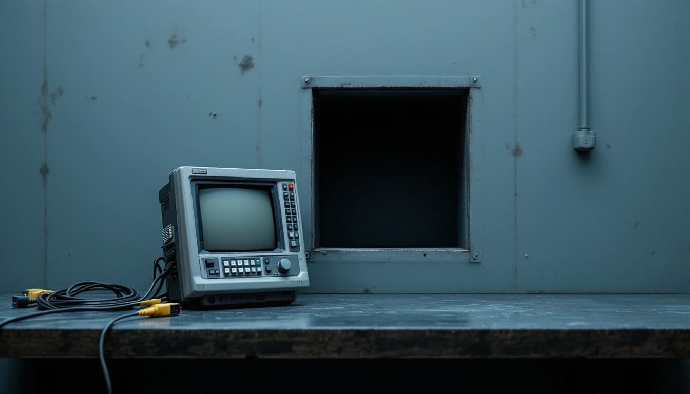 Older industrial operator terminal removed from its panel cutout and set beside the empty aperture it came out of