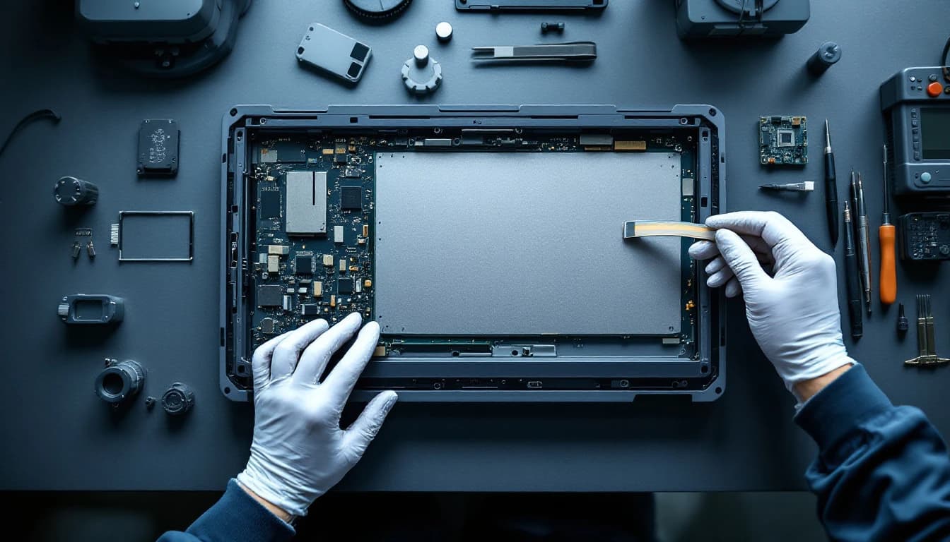 Industrial operator terminal face down on a workbench with its rear housing removed, exposing the logic board and backlight assembly, gloved hands lifting the touch digitizer ribbon clear