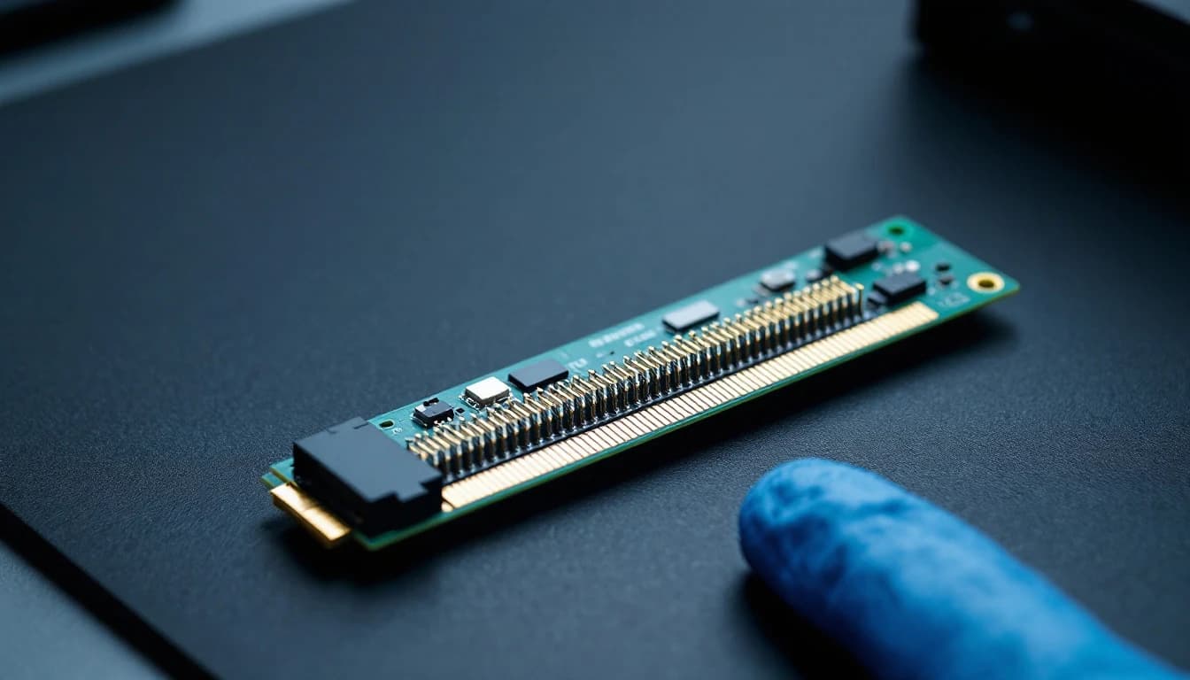 Slim controller card lying on a dark antistatic mat with its side cover removed, gold edge connector fingers catching the light, a gloved fingertip resting alongside
