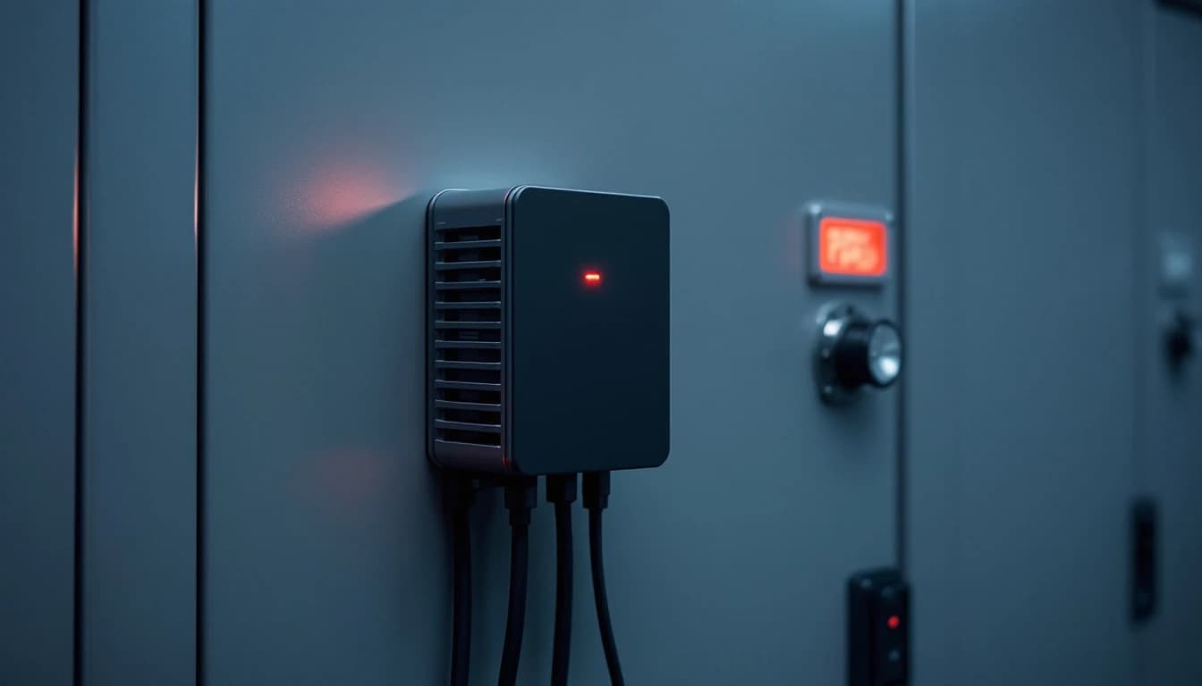 Close macro of a compact variable frequency drive with a red fault lamp lit, multimeter probes resting on the DC bus terminals below it