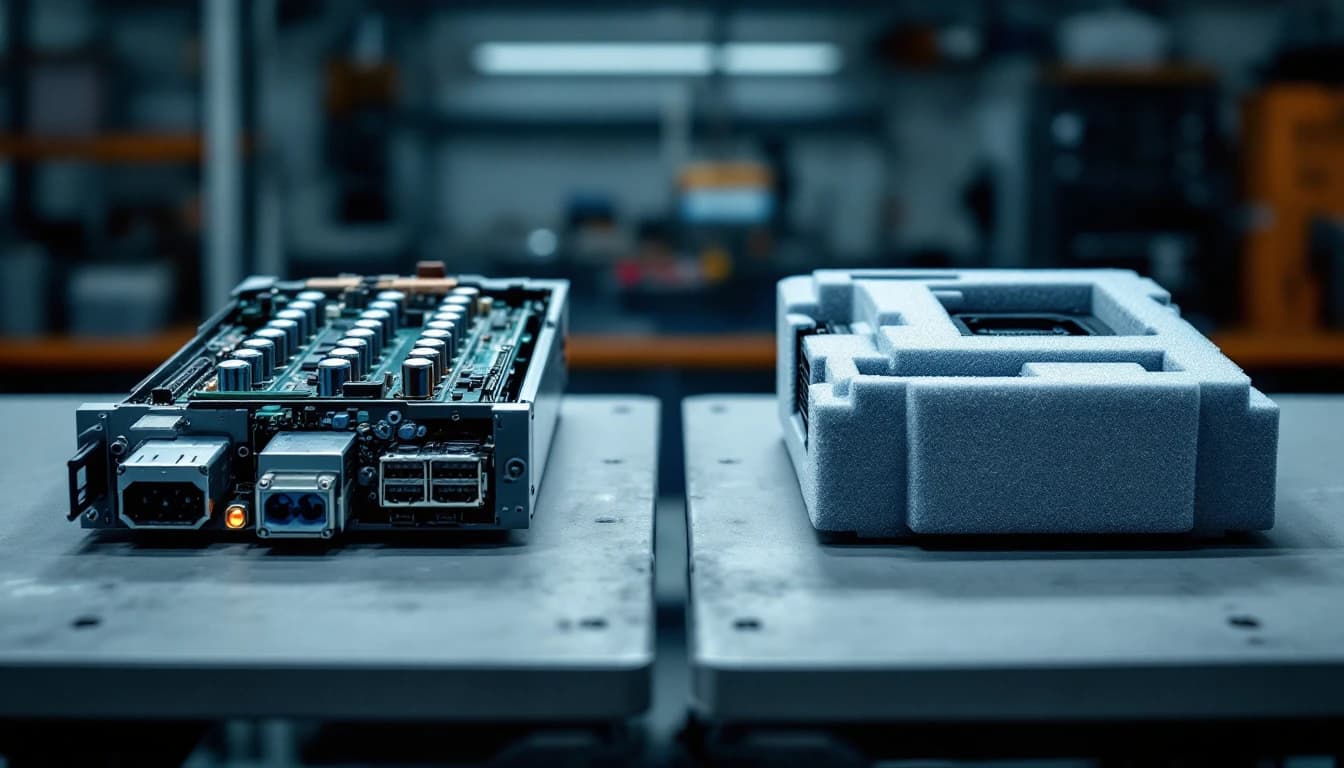 Split bench comparison of a repaired industrial drive with fresh capacitors beside the same model still sealed in factory packing foam