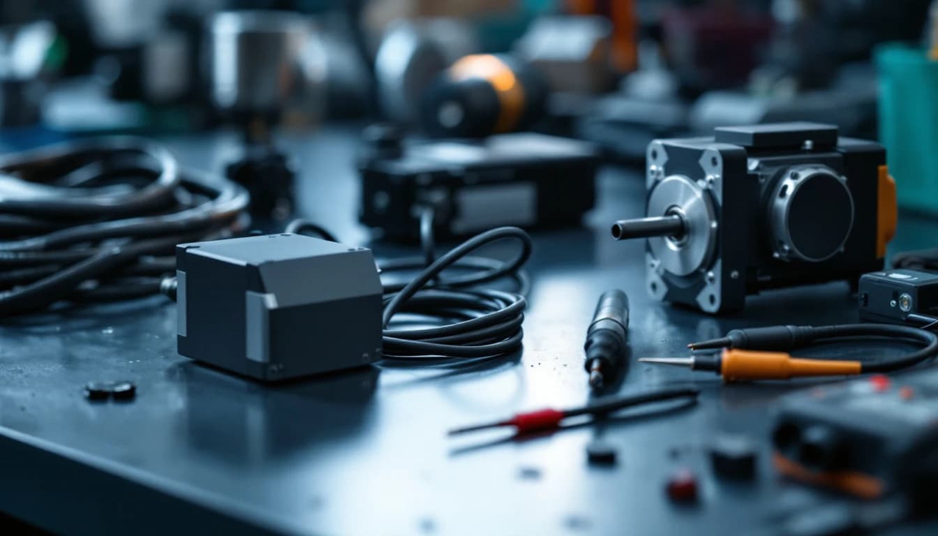 Industrial servo motor and matching drive amplifier on a workbench with power and encoder cables coiled between them and a meter probe on the encoder connector