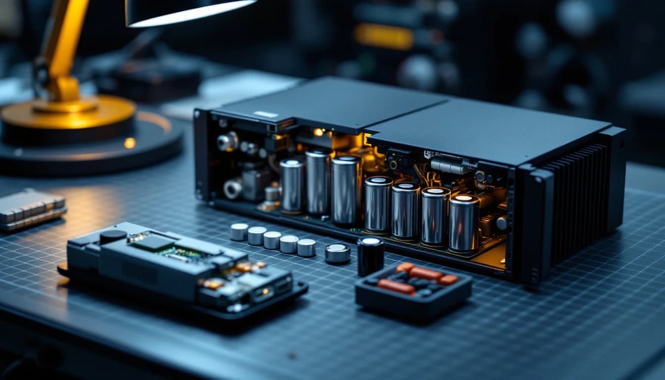 Industrial servo amplifier opened on an antistatic bench with its power stage exposed under a magnifier lamp, replacement power modules and fresh capacitors staged beside it
