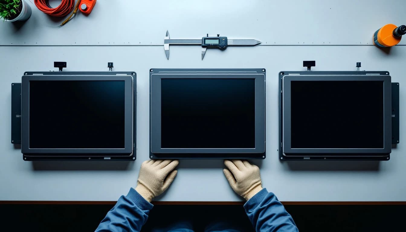 Three industrial operator panels of different sizes laid out in a row on a workbench with their rear housings open, gloved hand holding a caliper against the smallest one