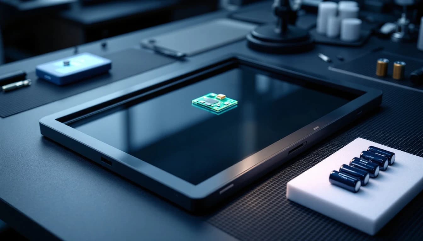 Disassembled industrial touch panel on an antistatic bench mat with its power supply board under a magnifier lamp, fresh capacitors staged beside it