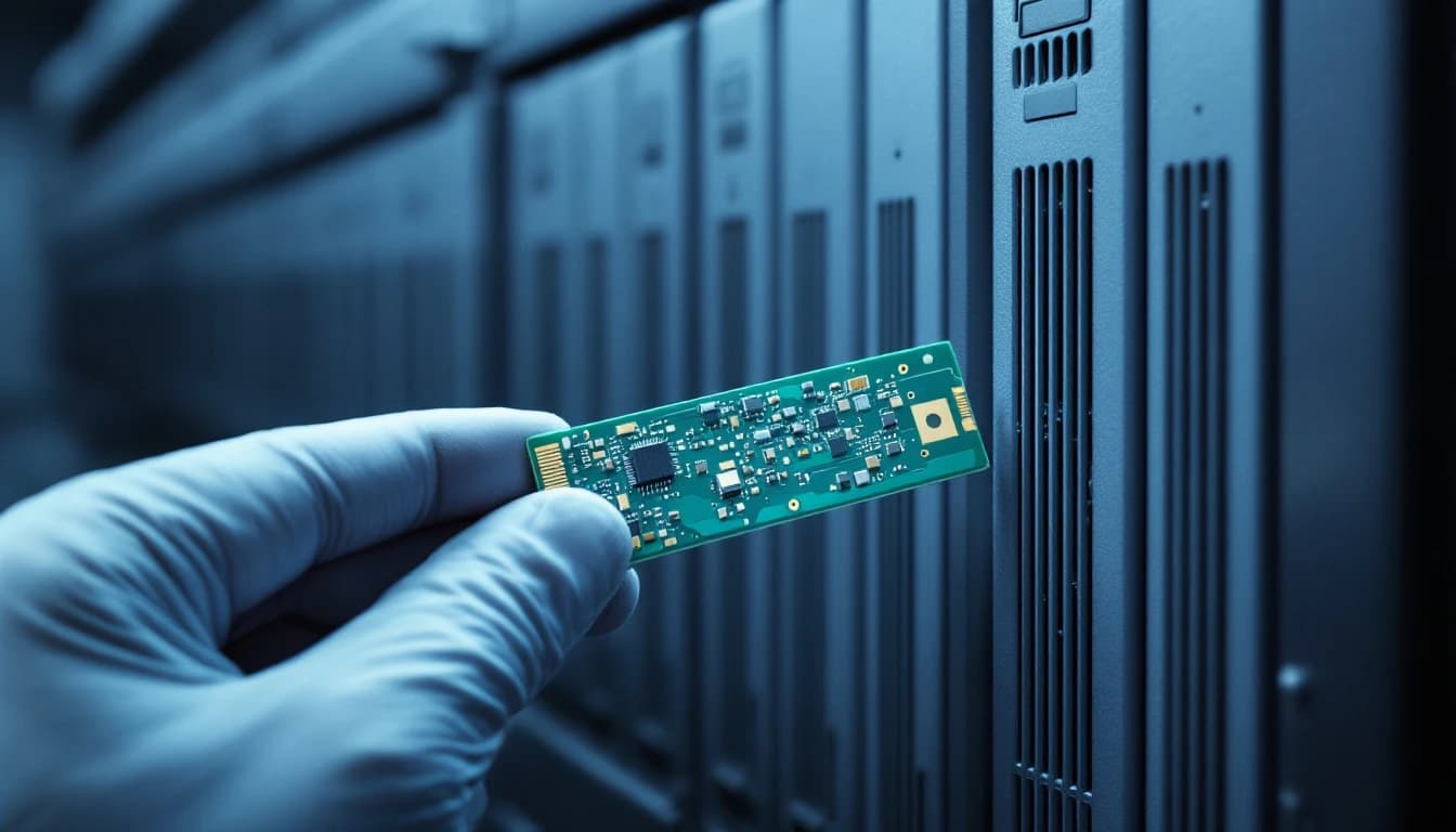 Gloved hand holding a small plug-in control circuit card in front of a row of slim grey drive modules in a machine tool cabinet