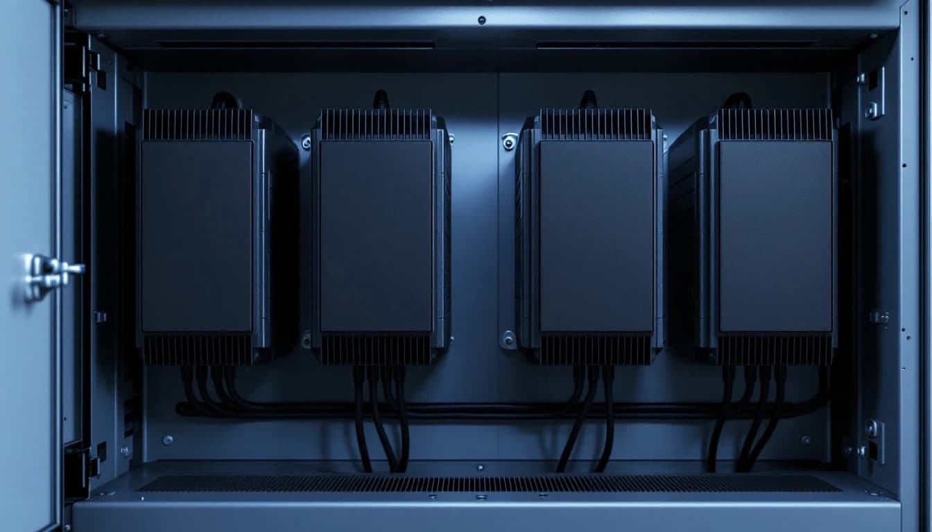 Row of variable frequency drives mounted in an open electrical cabinet, one drive removed leaving an empty spot with disconnected motor leads