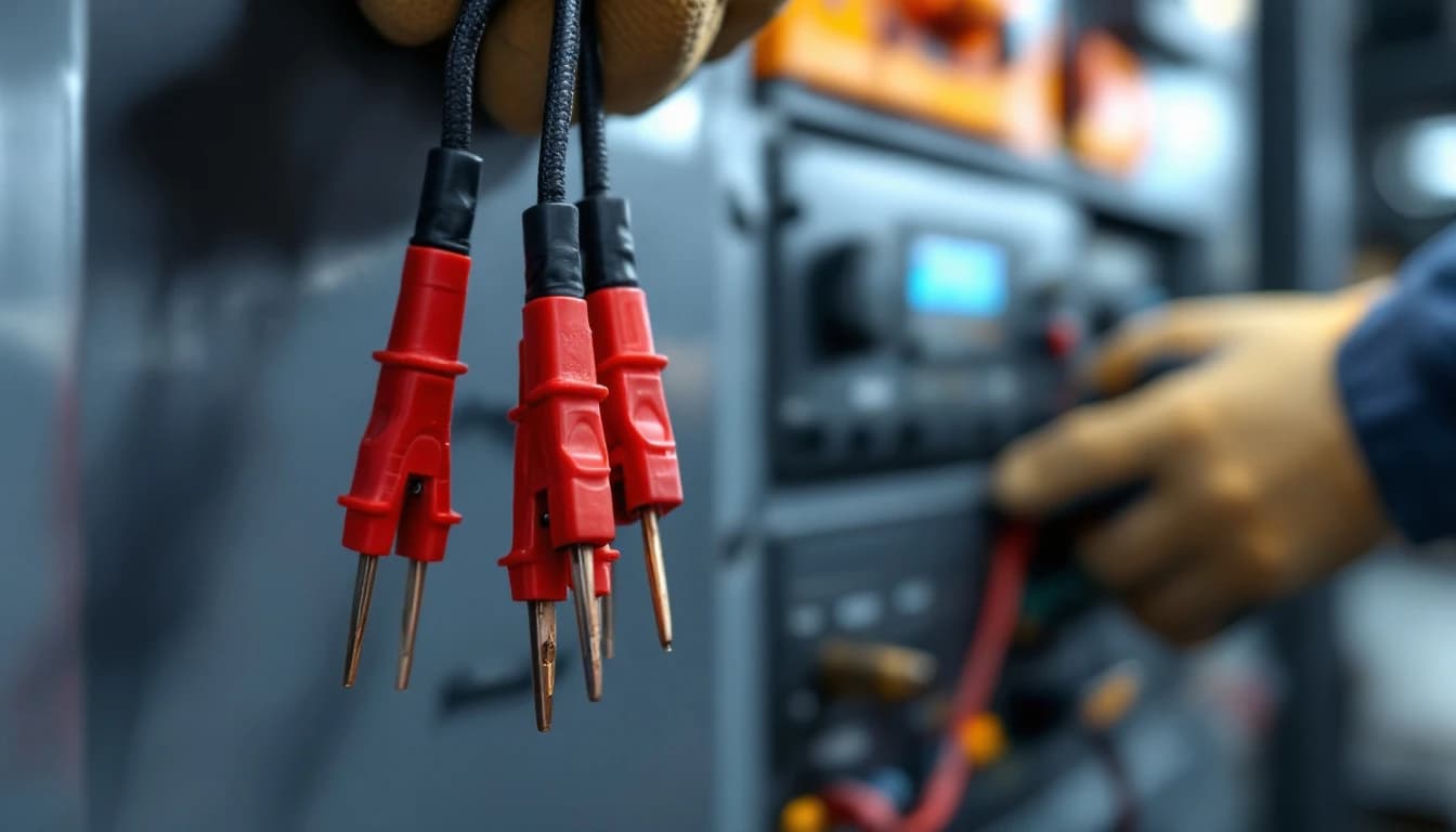 Disconnected motor test leads with red probe ends hanging clear in the foreground while a gloved technician works at a drive cabinet blurred behind them